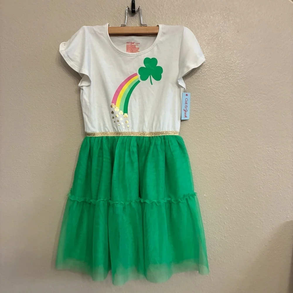 Cat & Jack Girls' St. Patrick's Day Tiered Tulle Short Sleeve Dress Size M/8